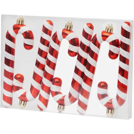 MagicHome karácsonyfadekoráció, nyalóka, fehér-piros, 12,5 cm, 6 db-os csomag