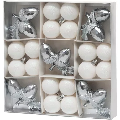 MagicHome karácsonyfa gömbök, 21 db, fehér-ezüst