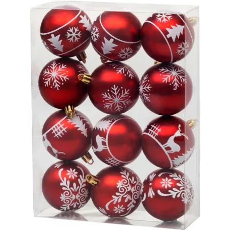 MagicHome karácsonyfagömb, 12 db, 6 cm, piros, fehér díszítéssel