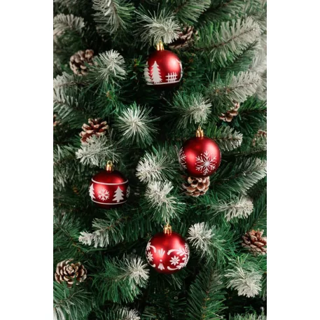 MagicHome karácsonyfagömb, 12 db, 6 cm, piros, fehér díszítéssel