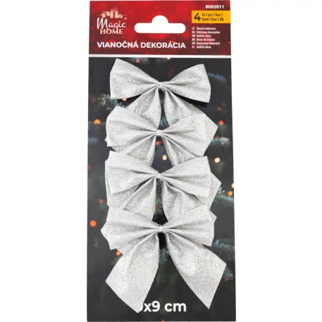MagicHome Karácsonyi Dekoráció masni, ezüst, 4 db, 9 x 9 cm