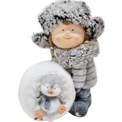   MagicHome Karácsonyi Dekoráció, lány hógömbbel és pingvinnel, LED, 19.5x28x33.5 cm