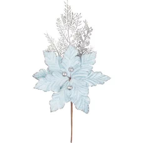 MagicHome karácsonyfaág, mikulásvirággal, kék/ezüst, 27 cm