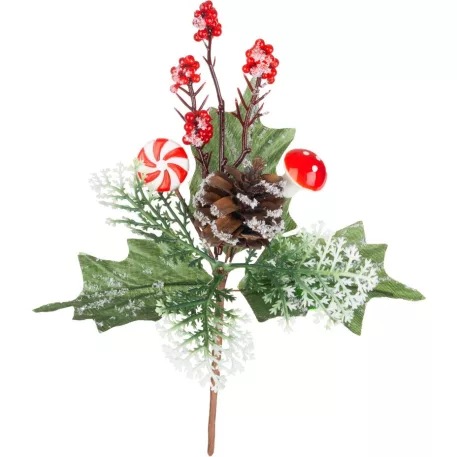 MagicHome karácsonyi gally, nyalókával és gombával, 19 cm