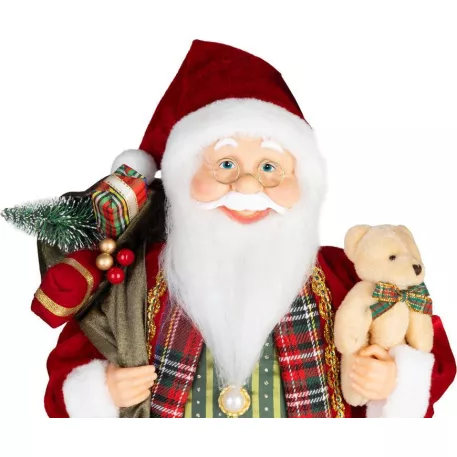 MagicHome Karácsonyi Dekoráció Mikulás, ajándékkal és macival, piros, 60 cm